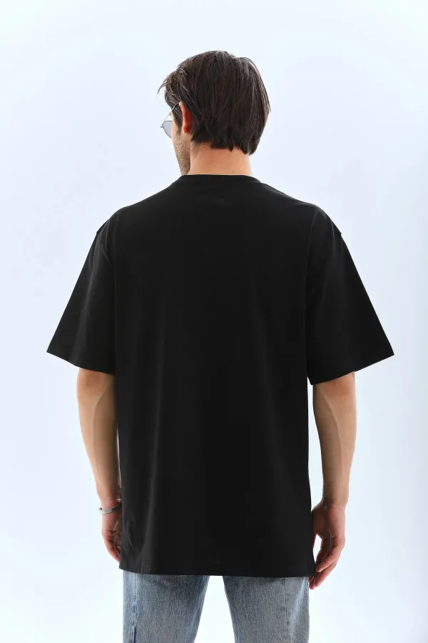 Unisex Oversize Taşlı Bisiklet Yaka T-Shirt - Siyah