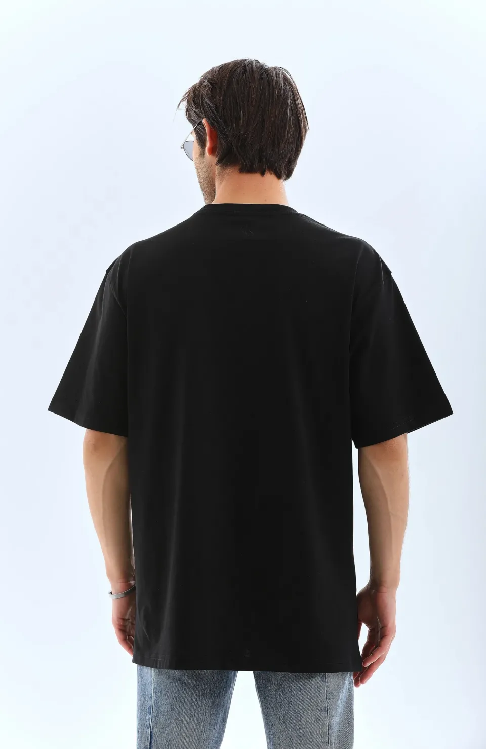 Unisex Oversize Taşlı Bisiklet Yaka T-Shirt - Siyah