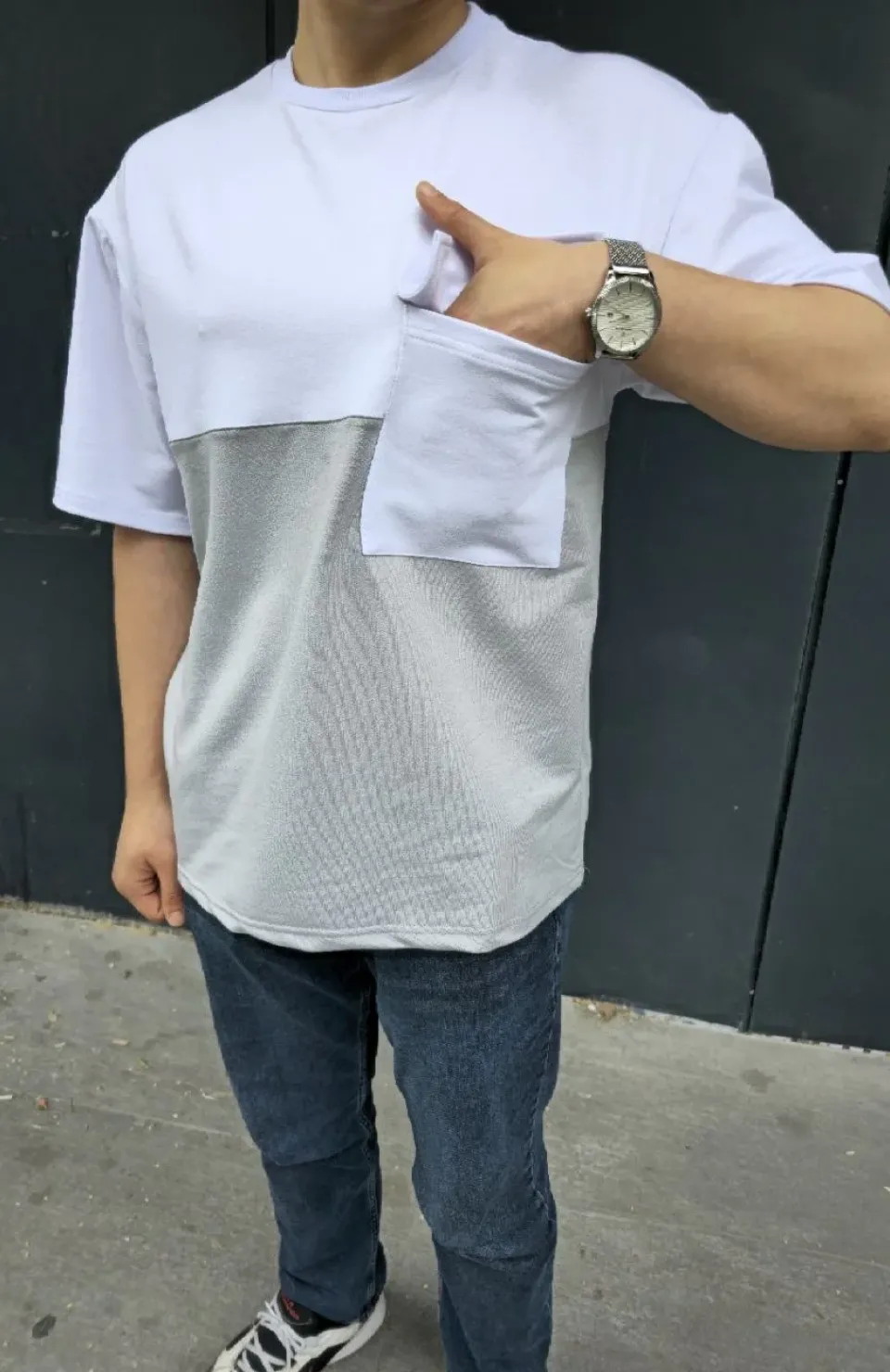 Unisex Torba Cep Detaylı Parçalı T-Shirt - Gri