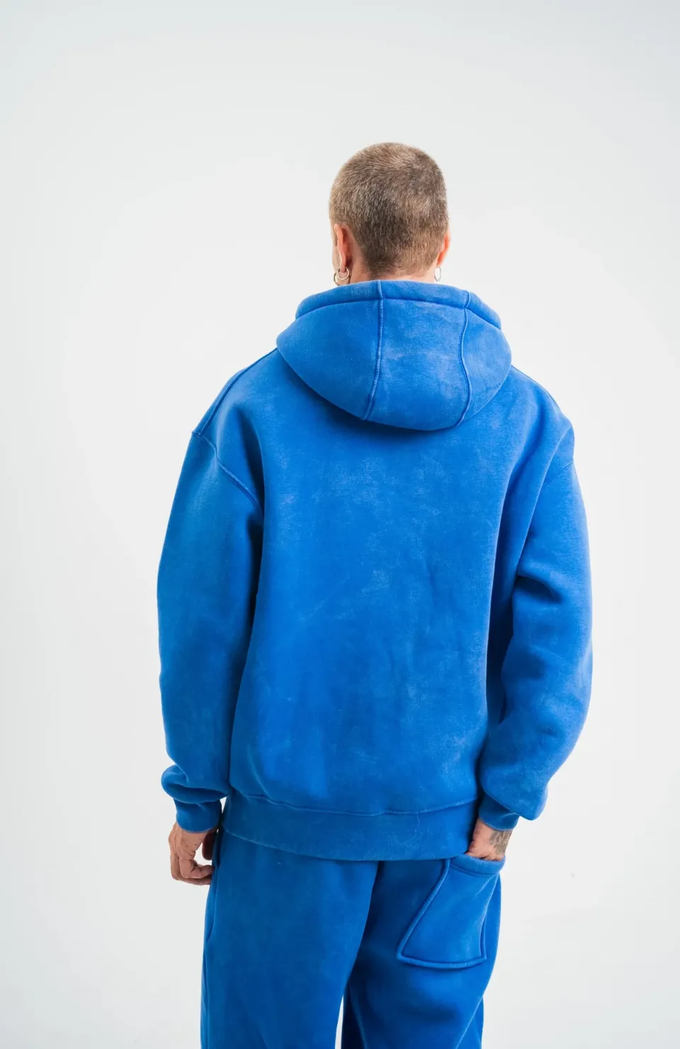 Unisex Double Oversize Kapşonlu Yıkamalı SweatShirt - Mavi