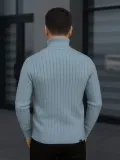 Erkek Balıkcı Yaka Bağazlı Triko Kazak Pamuklu Kalın Fitilli Dokuma, Regular Fit Uzun Kollu Kışlık Model - Bebe Mavisi
