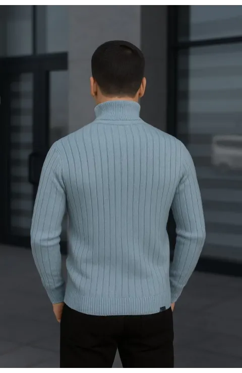 Erkek Balıkcı Yaka Bağazlı Triko Kazak Pamuklu Kalın Fitilli Dokuma, Regular Fit Uzun Kollu Kışlık Model - Bebe Mavisi