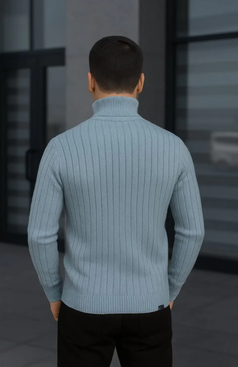 Erkek Balıkcı Yaka Bağazlı Triko Kazak Pamuklu Kalın Fitilli Dokuma, Regular Fit Uzun Kollu Kışlık Model - Bebe Mavisi
