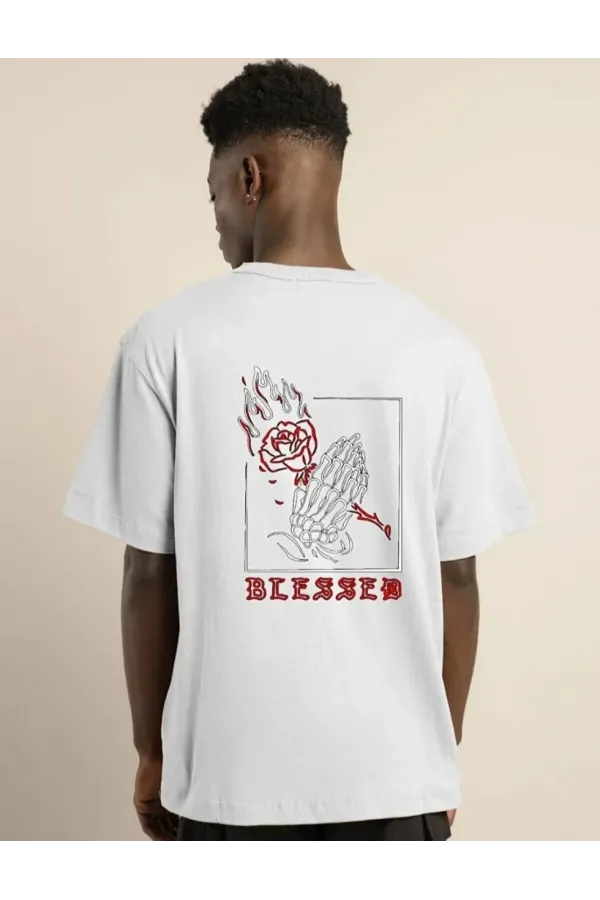 Unisex Bisiklet Yaka Oversize Baskılı T-Shirt - Beyaz