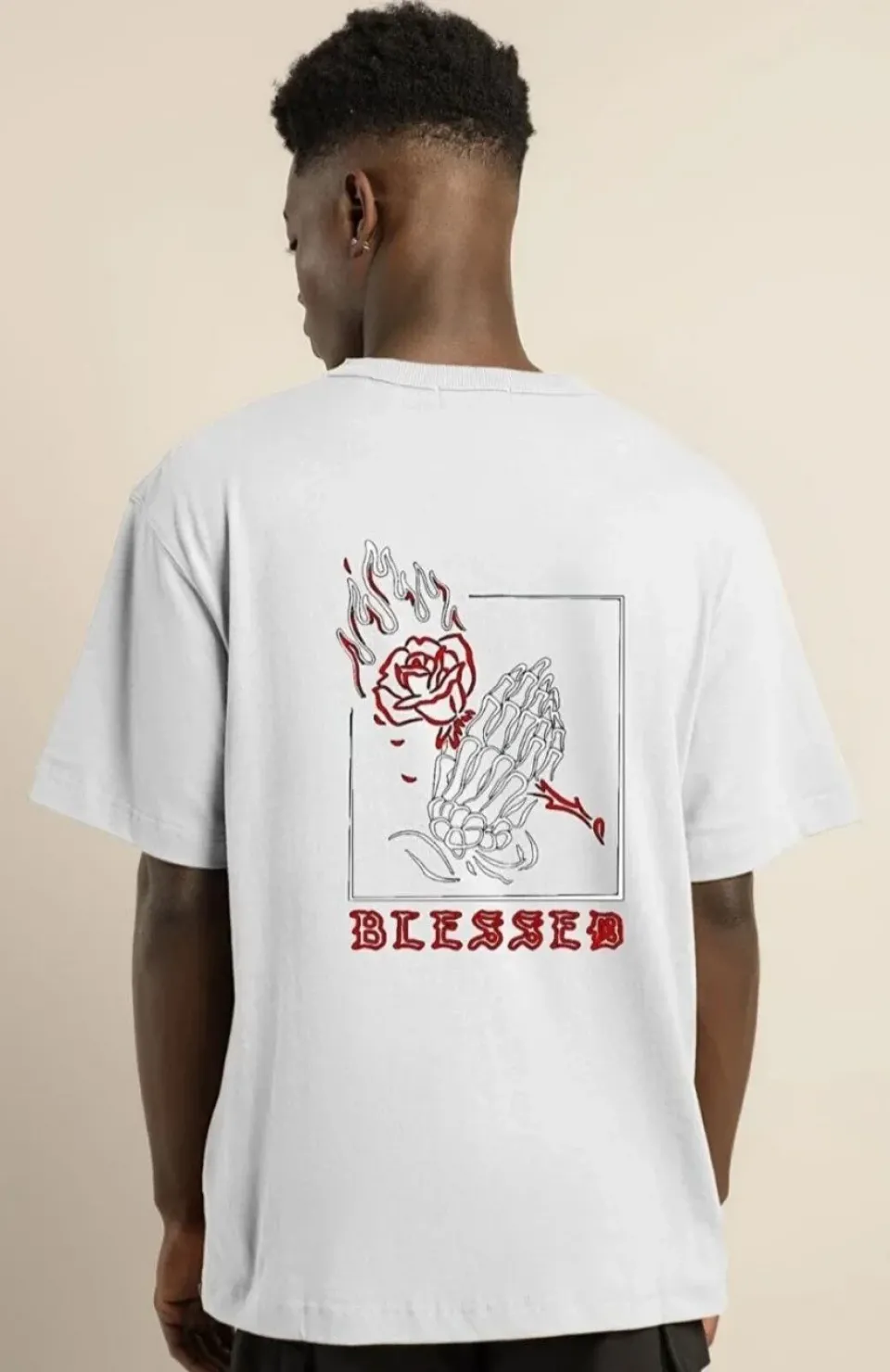 Unisex Bisiklet Yaka Oversize Baskılı T-Shirt - Beyaz