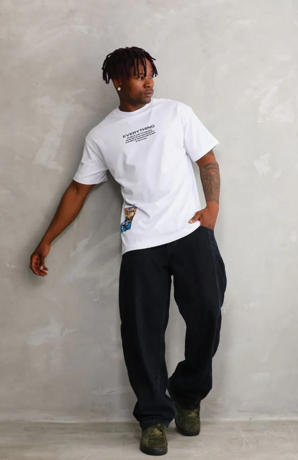 Unisex Bisiklet Yaka Baskılı Oversize T-Shirt - Beyaz