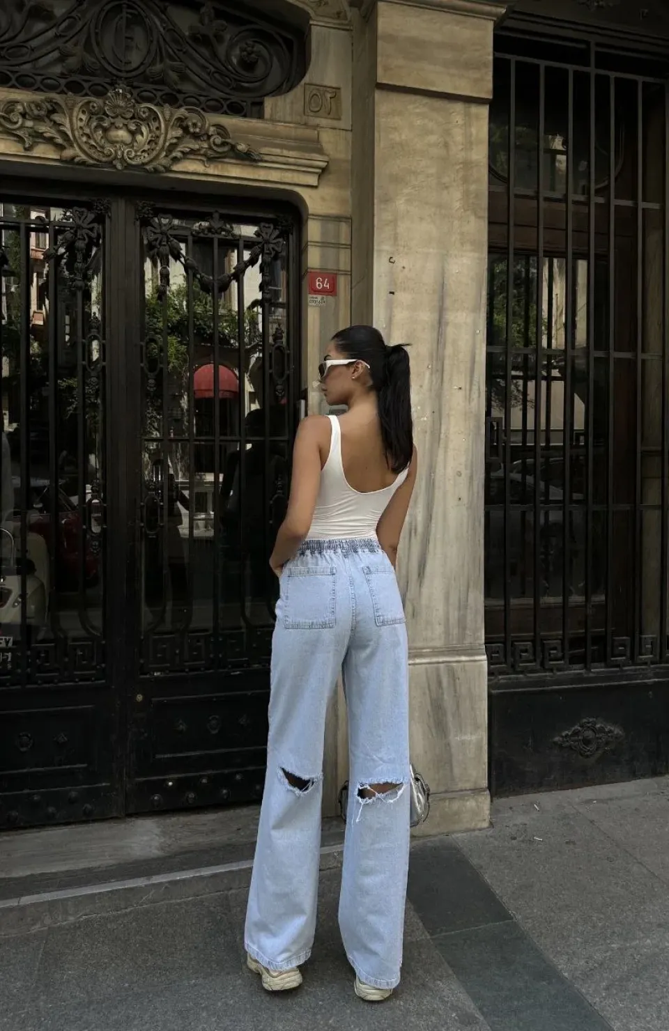 Kadın Arkadan Yırtmaçlı Jeans Kot Palazzo Pantolon - Mavi