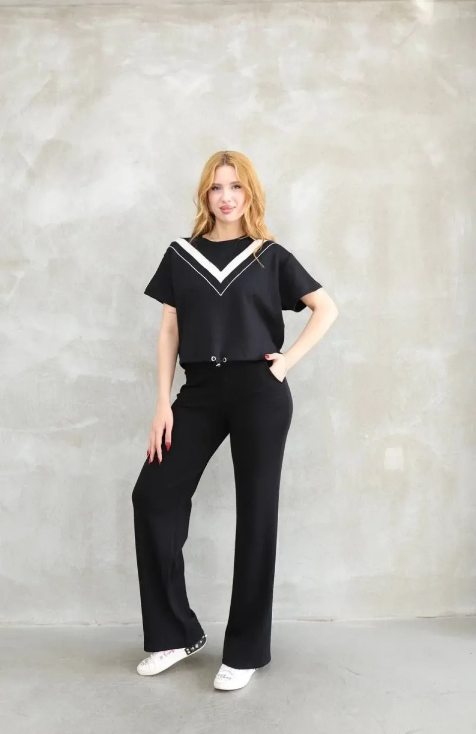 Osy Modal Yumuşak dokulu Kumaş Bisiklet Yaka Parçalı detaylı Kısa Kollu Takım - Siyah