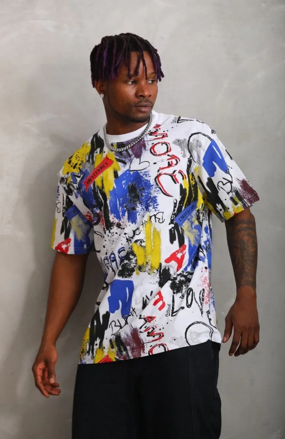 Unisex Oversize Baskılı Bisiklet Yaka T-Shirt - Beyaz