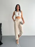 Kadın Yüksel Bel Beli Bağcıklı Rahat Boru Paça Pantalon - Kırık Beyaz