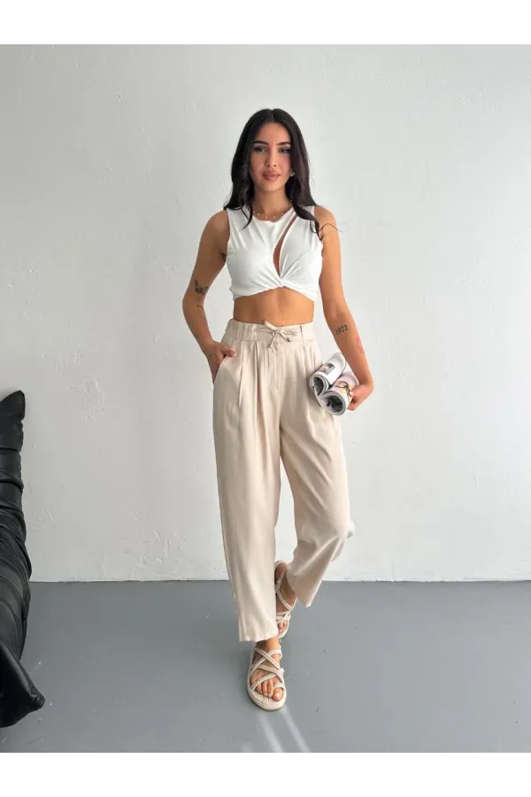 Kadın Yüksel Bel Beli Bağcıklı Rahat Boru Paça Pantalon - Kırık Beyaz