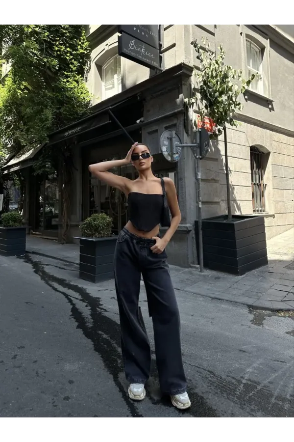 Kadın Arkadan Yırtmaçlı Jeans Kot Palazzo Pantolon - Siyah