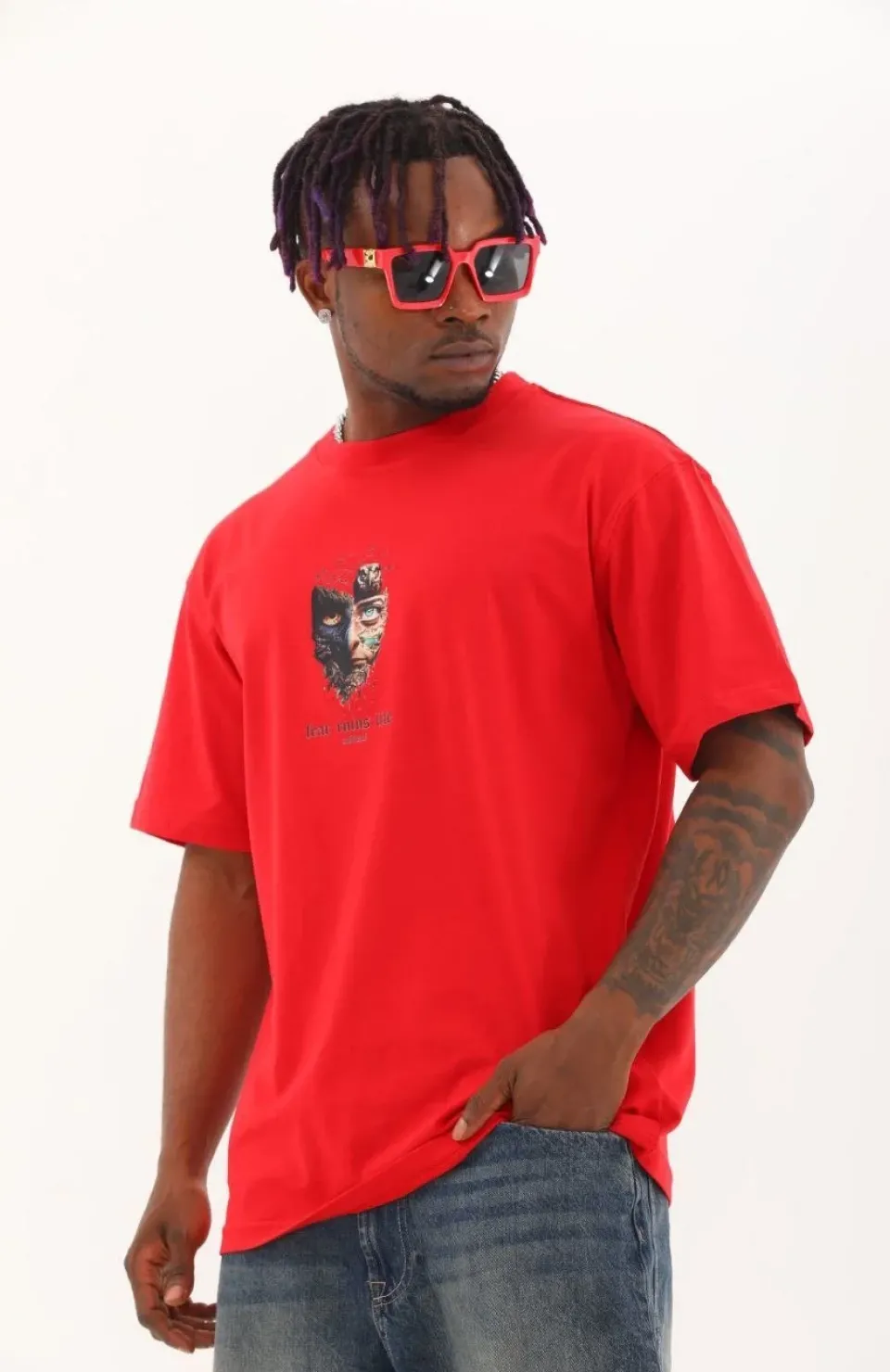 Unisex Oversize Baskılı Bisiklet Yaka T-Shirt - Kırmızı