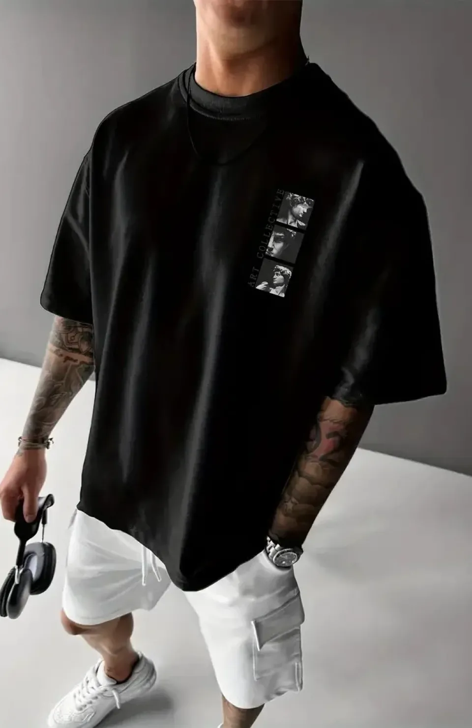 Benzersiz Sırt Baskılı Erkek Sokak Stili Bol Tişört - Nefes Alabilir Polyester, Makinede Yıkanabilir - Siyah