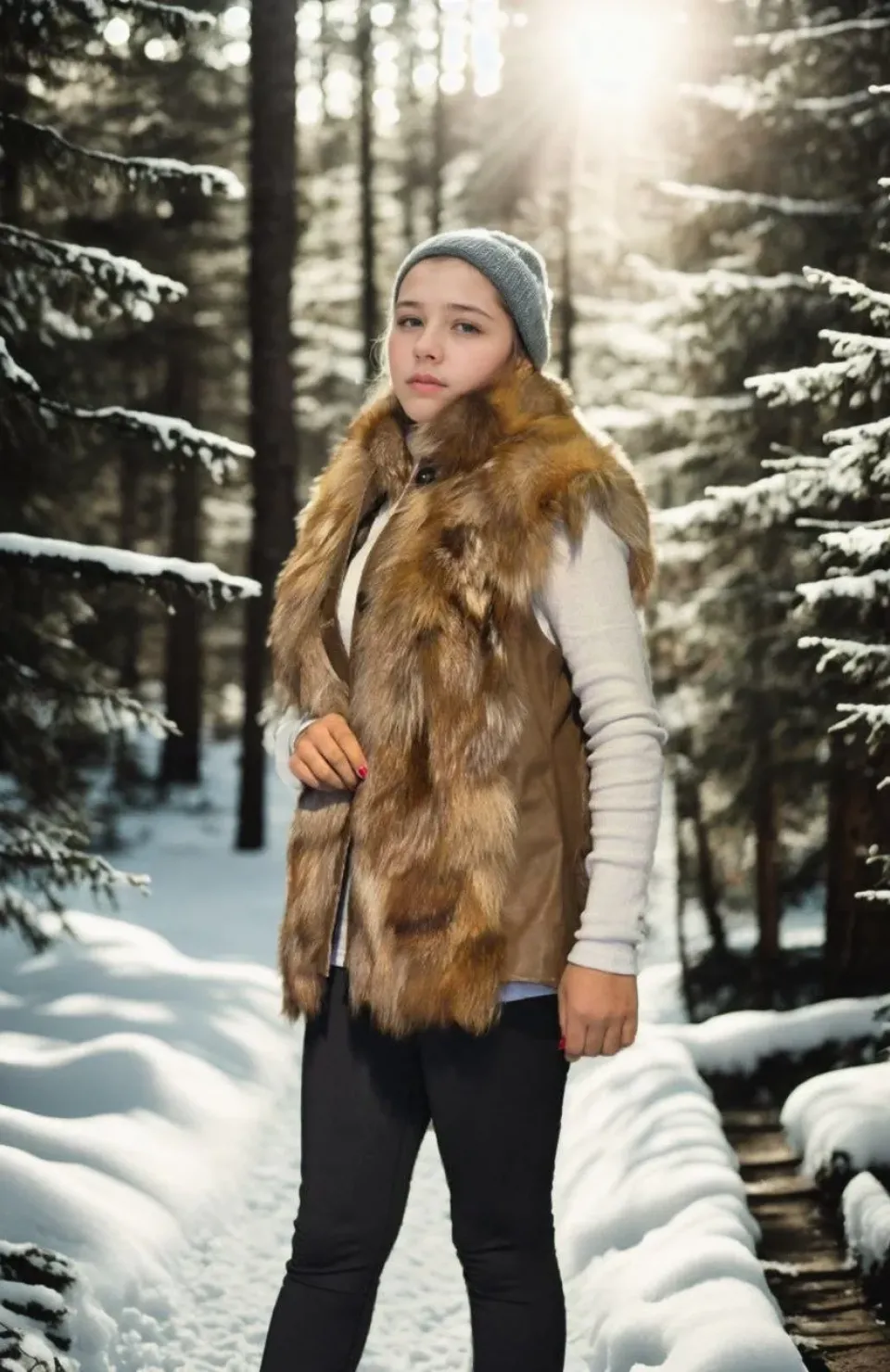 Kadın Kolsuz Hakiki Deri Kürk - Kahve