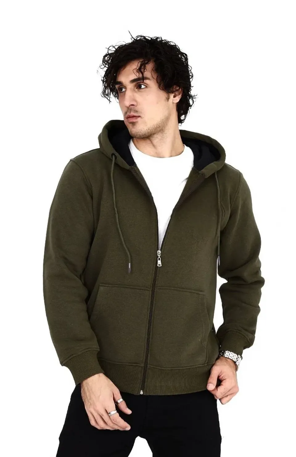 Unisex Tam Fermuarlı Kapşonlu  SweatShirt - Haki