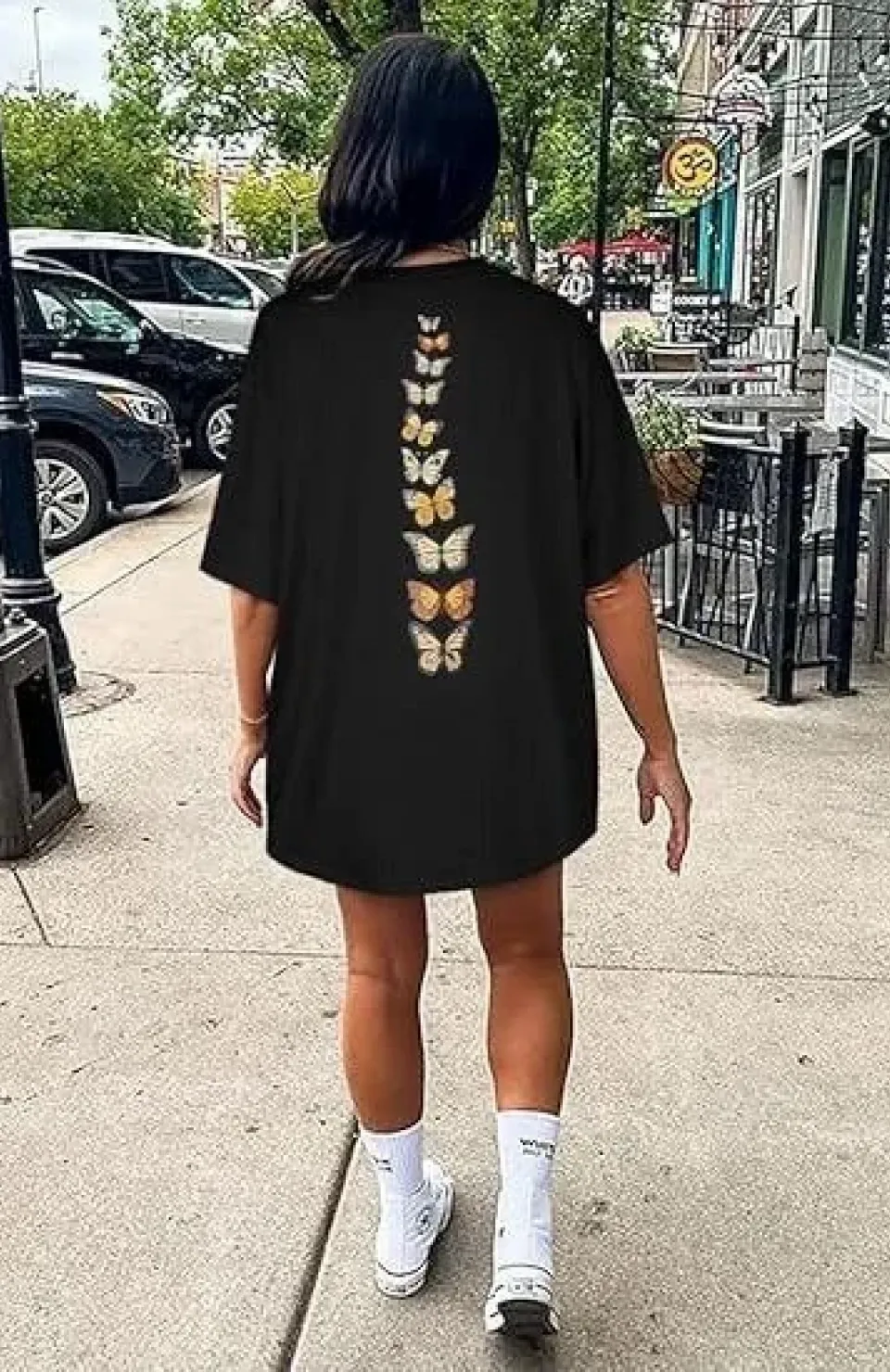 Kadın Bisiklet Yaka Baskılı T-shirt - Siyah