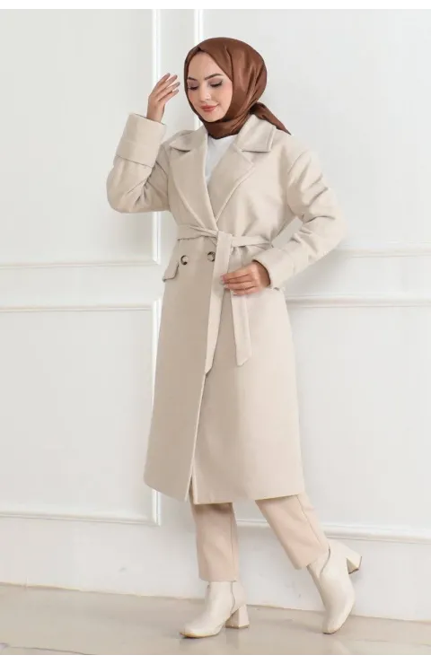 Kadın Düğmeli İçi Astarlı Kaşmir Kaşe Kaban - Bej