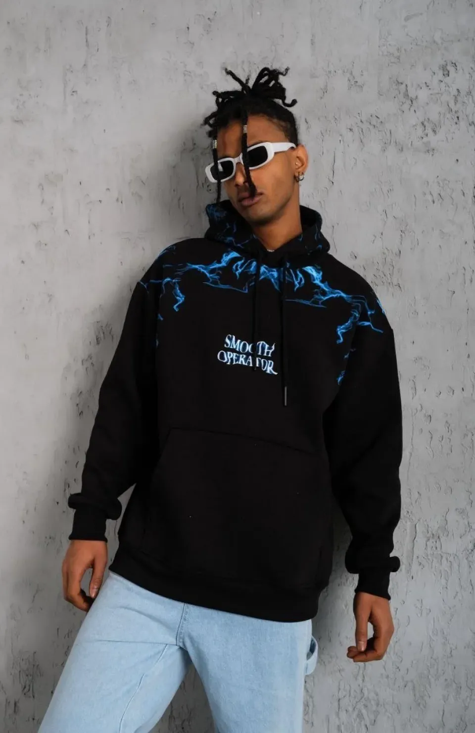 Erkek Yıldırım Baskılı Kapşonlu Sweat - Siyah
