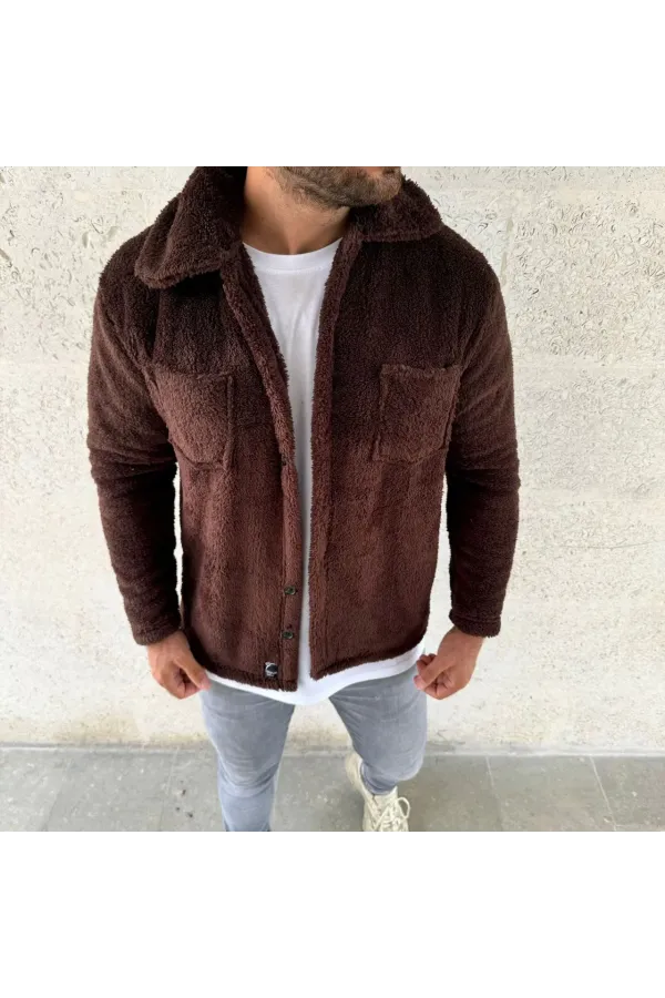 Erkek Pelüş Polar Hırka Gömlek – Yakalı, İlik Düğmeli, Göğüs Cepli, Yumuşak Dokulu Kışlık Regular Fit Rahat Günlük Model - Kahverengi
