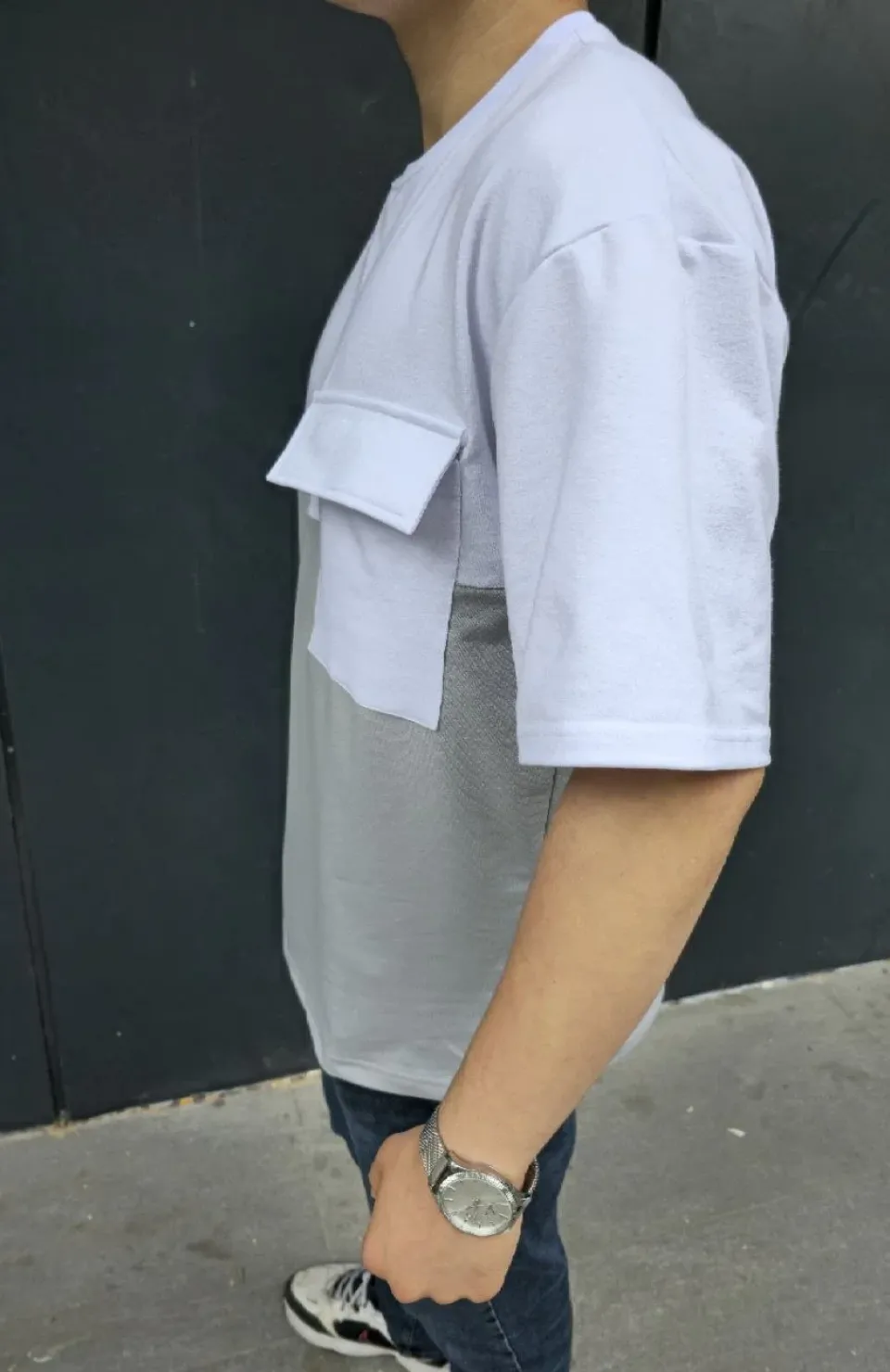 Unisex Torba Cep Detaylı Parçalı T-Shirt - Gri