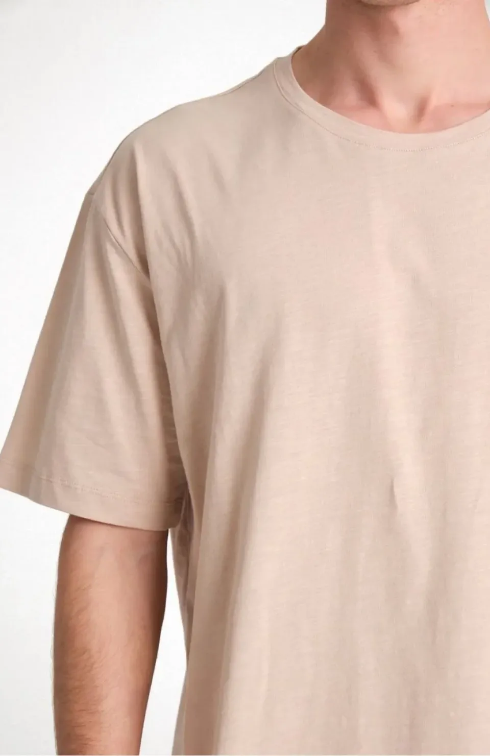 Unisex Düz Biskilet Yaka Oversize T-shirt - Bej