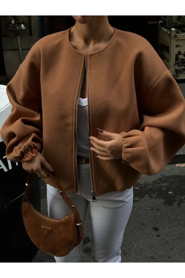 Kaşe Kaşmir Fermuarlı CEKET - Kahve