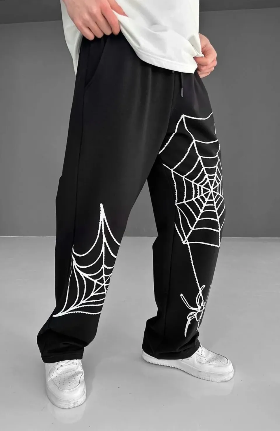 İki İplik Kumaş Örümcek Baskılı Esofman - Siyah