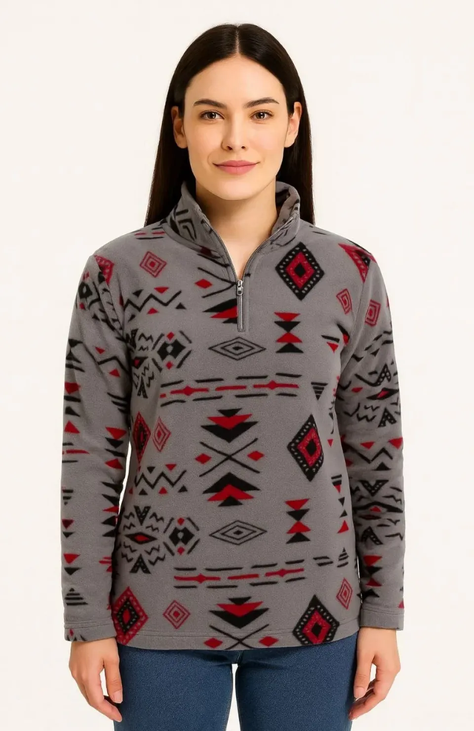 Kadın Yarım Fermuarlı Desenli Polar Sweat Tribal Etnik Desen Yakalı, Uzun Kollu, Oversize Rahat Kalıp - Füme