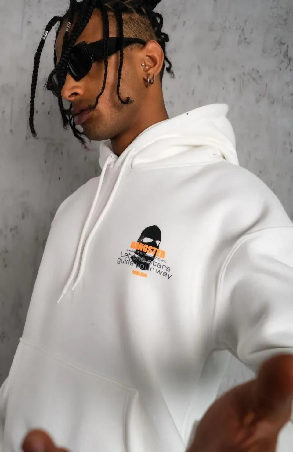 Erkek Kordonlu Maske Baskılı Kapüşonlu Sweat - Beyaz