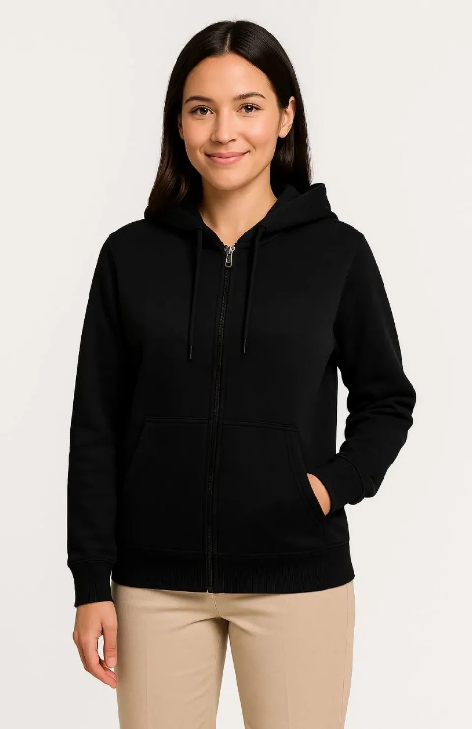 Kadın Üç İplik Kapüşonlu Tam Fermuarlı Kanguru Çepli SweatShirt Hoodie - Siyah