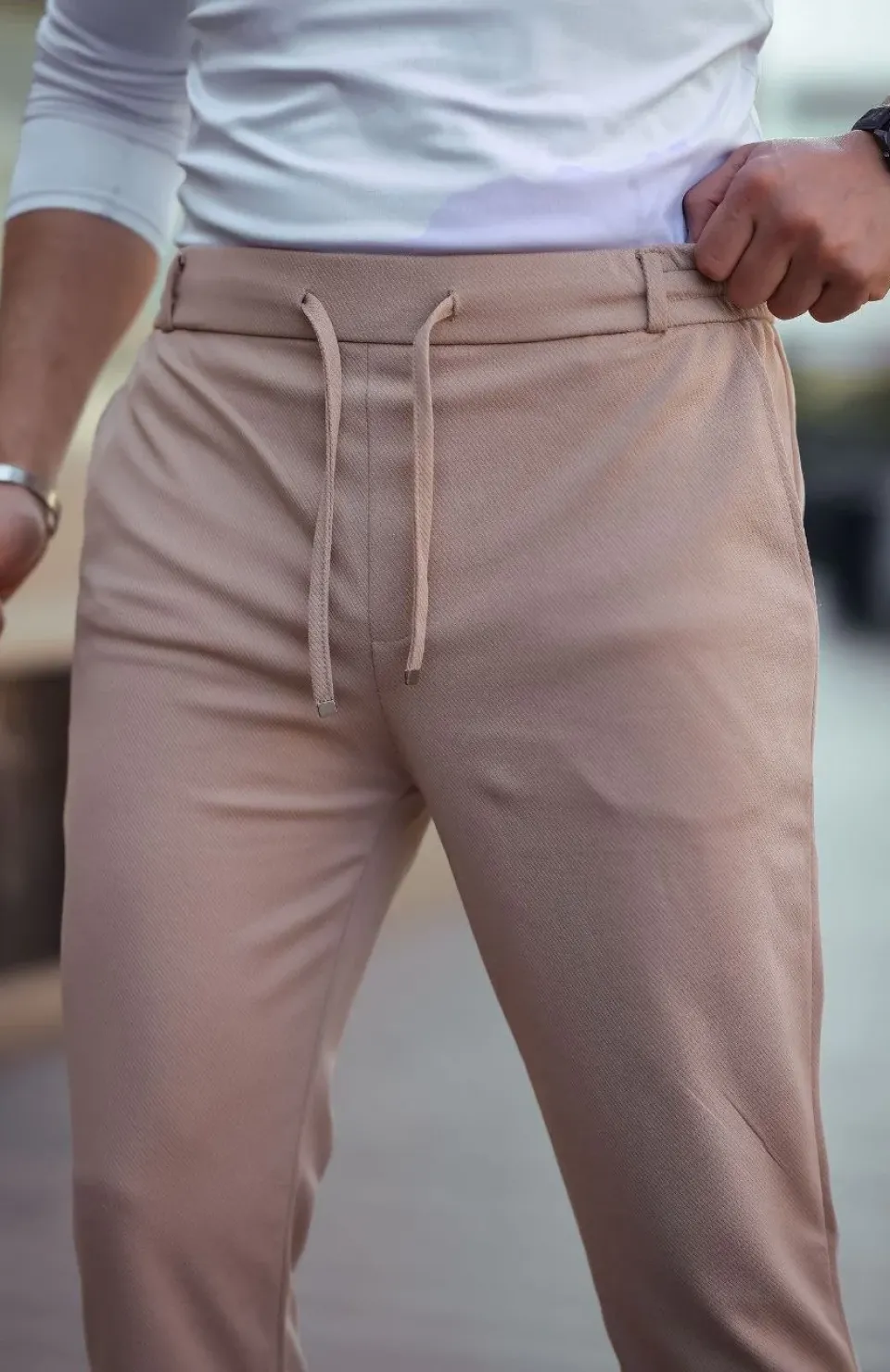 Erkek Diagonel Mikro dokulu Cepli Beli Lastilki Pantolon - Kahverengi