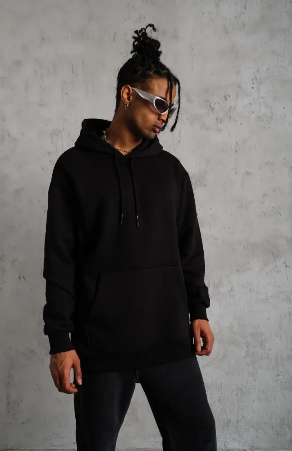 Erkek Düz Kapüşonlu Sweat - Siyah