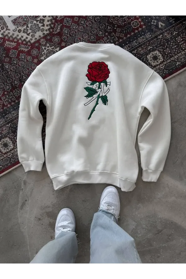 Unisex Bisiklet Yaka Ön Ve Arka Baskılı SweatShirt - Beyaz