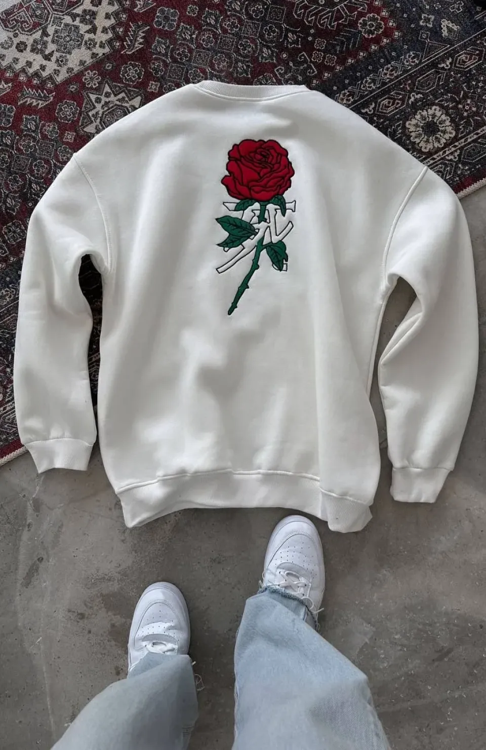 Unisex Bisiklet Yaka Ön Ve Arka Baskılı SweatShirt - Beyaz