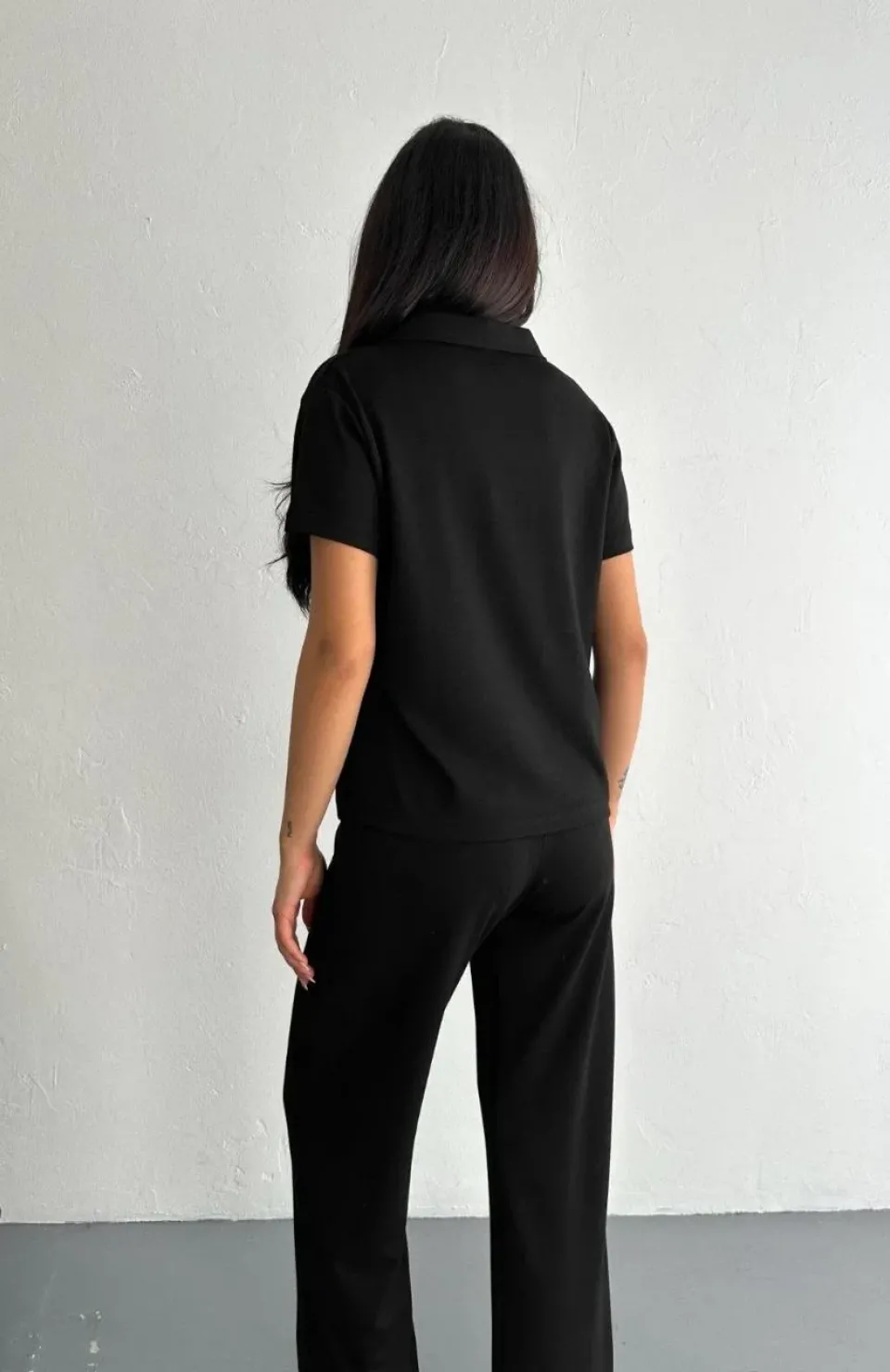 Osy Modal Yumuşak Dokulu Kumaş Kısa Kollu Yakalı T-shirt Pantalon ikili Takım- Siyah