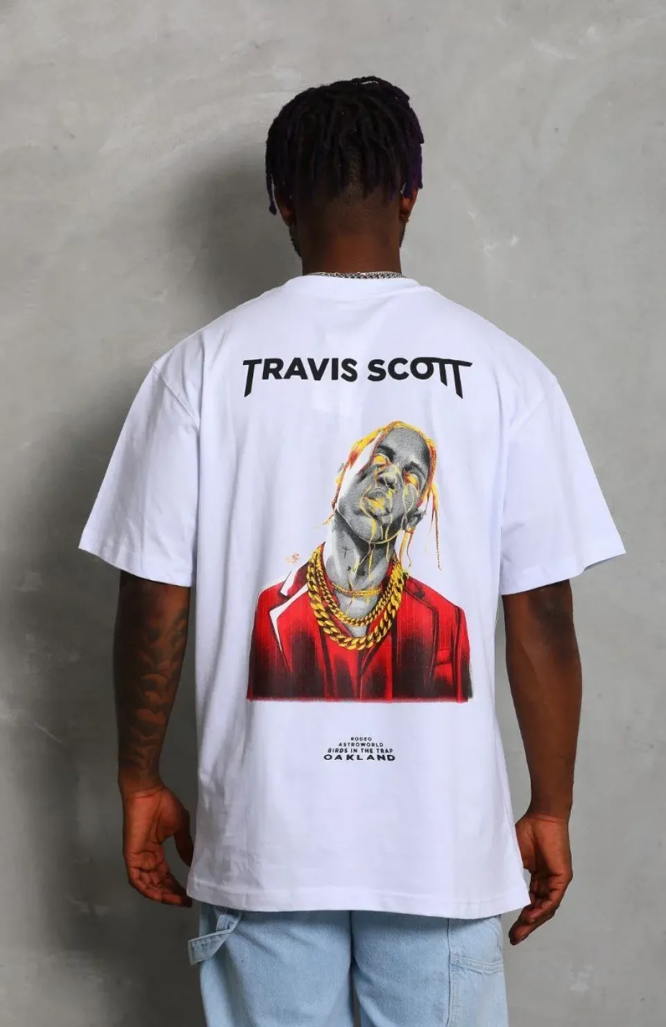 Unisex Oversize Baskılı Bisiklet Yaka T-Shirt - Beyaz