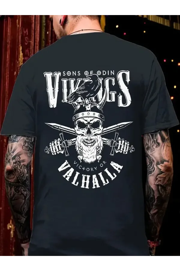 20/1 Penye Compack Vikings Valhalla Baskılı Oversize Bisiklet Yaka T-shirt - Siyah