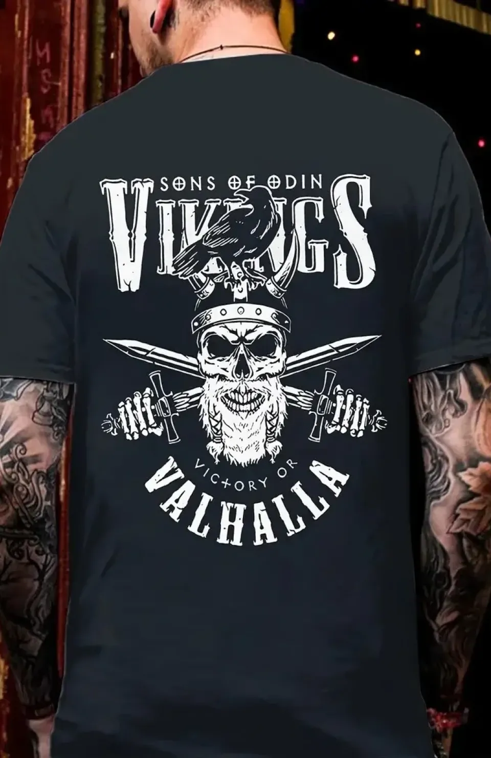 20/1 Penye Compack Vikings Valhalla Baskılı Oversize Bisiklet Yaka T-shirt - Siyah