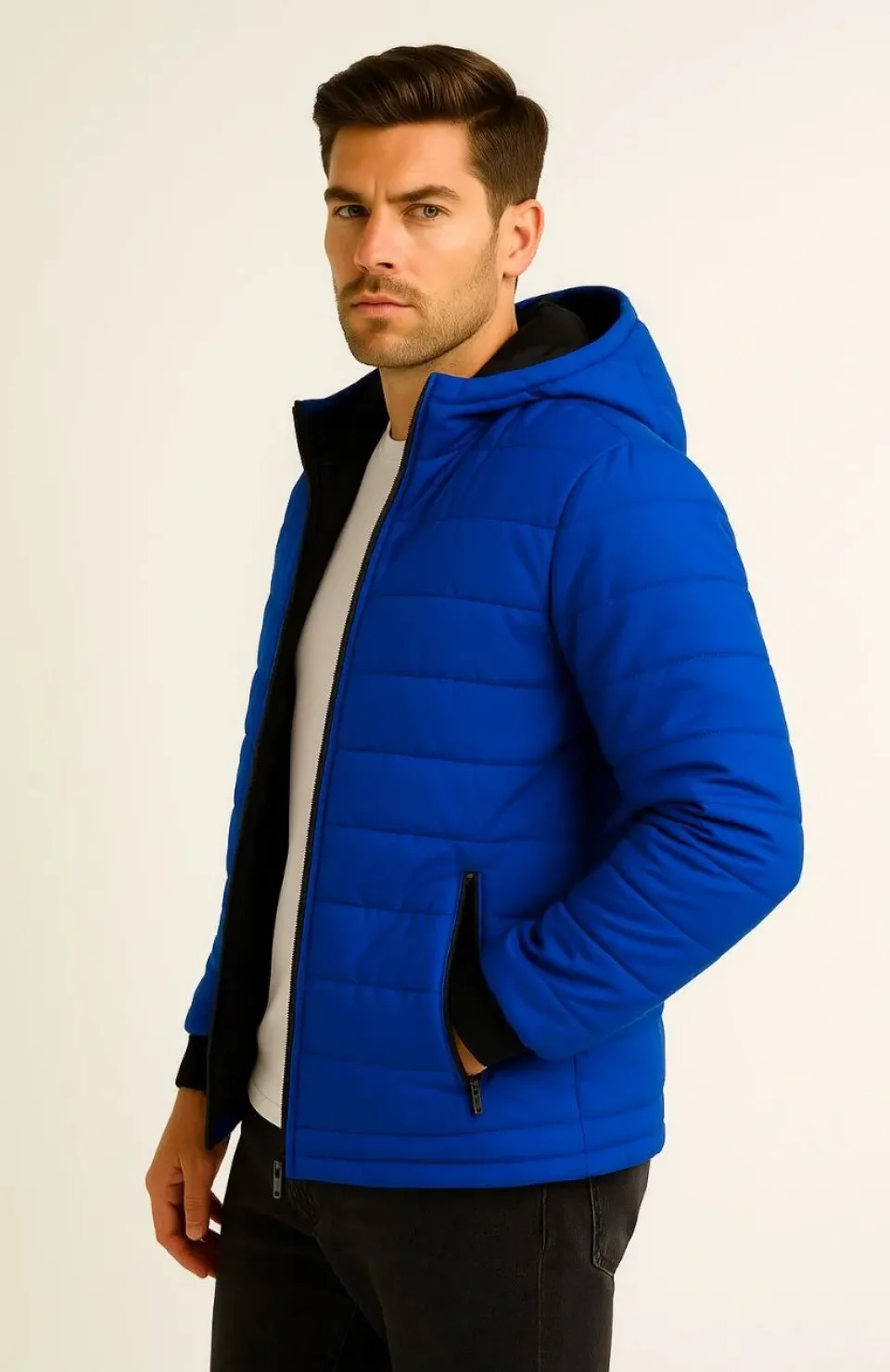Erkek Şişme Kapüşonlu Fermuarlı Mont Su itici Kapitone Astarlı Kumaş Cepli Kışlık Rahat Kalıp - Saks Mavisi Somersan Giyim | Kadın, Erkek ve Çocuk Moda