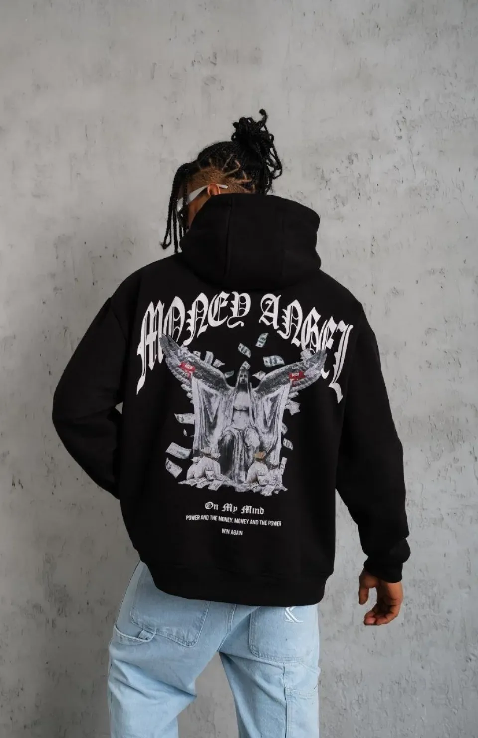 Erkek Kordon İpli Baskılı Kapüşonlu Sweatshirt - Siyah