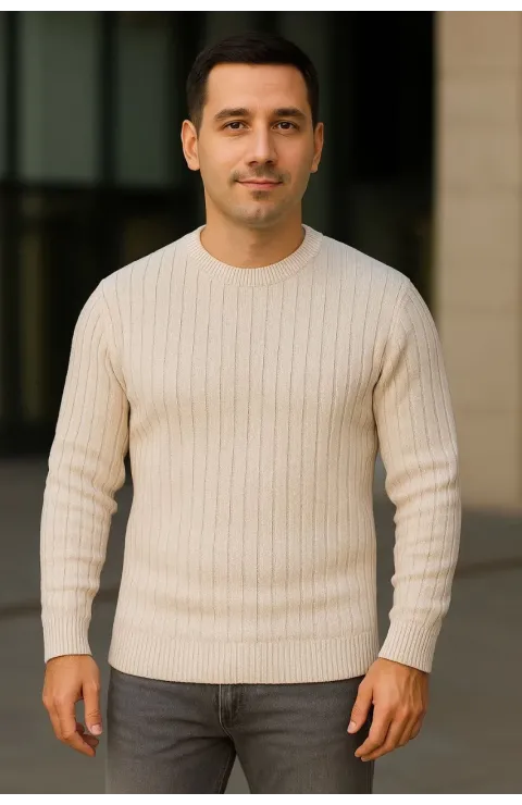 Erkek Bisiklet Yuvarlak Yaka Triko Kazak Pamuklu Kalın Fitilli Dokuma, Regular Fit Uzun Kollu Kışlık Model - Bej