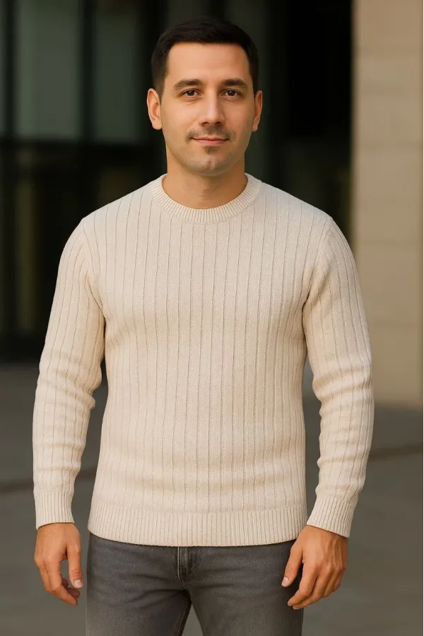 Erkek Bisiklet Yuvarlak Yaka Triko Kazak Pamuklu Kalın Fitilli Dokuma, Regular Fit Uzun Kollu Kışlık Model - Bej