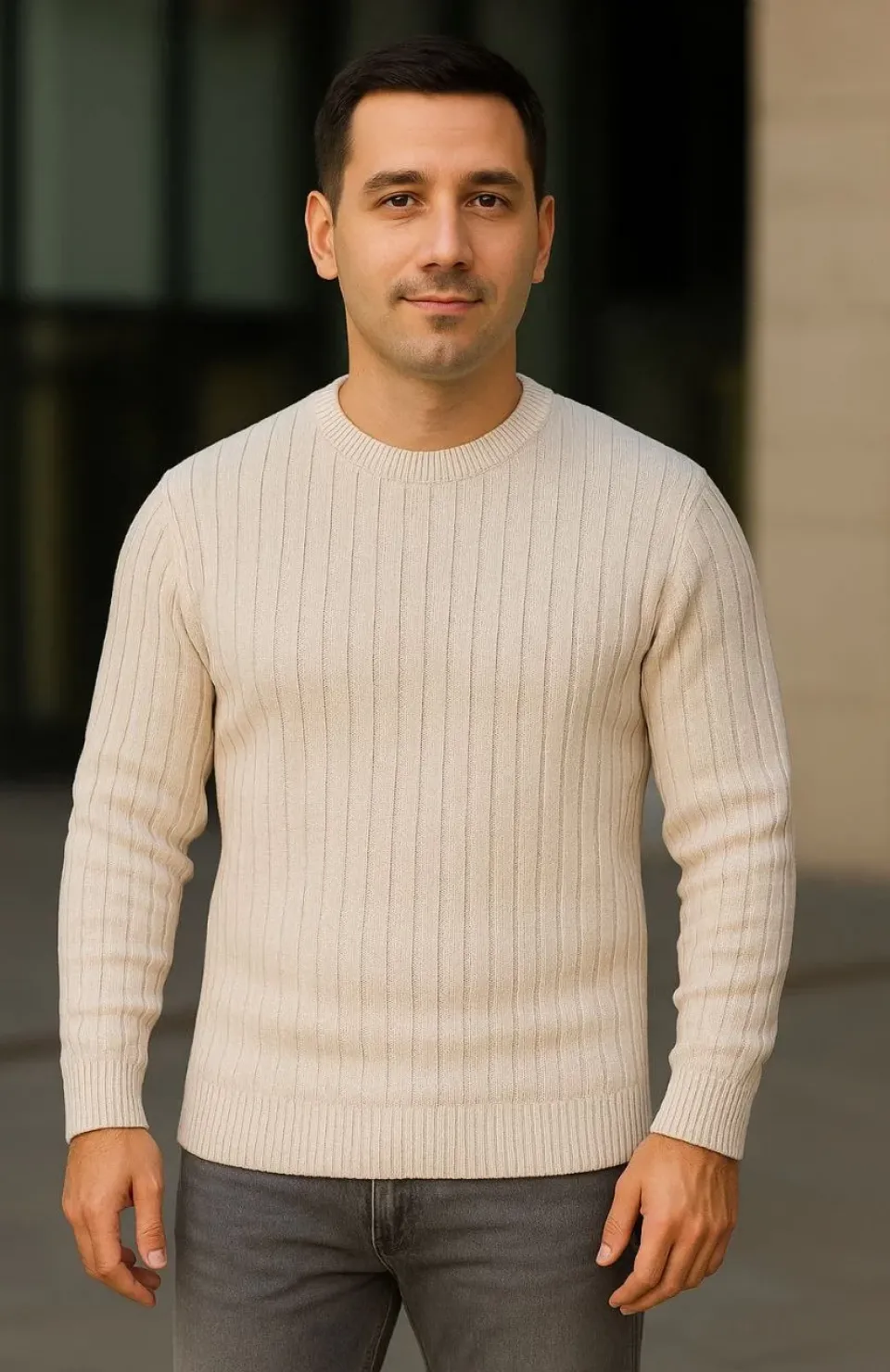 Erkek Bisiklet Yuvarlak Yaka Triko Kazak Pamuklu Kalın Fitilli Dokuma, Regular Fit Uzun Kollu Kışlık Model - Bej