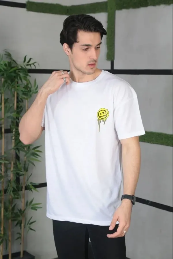 Unisex Bisiklet Yaka Baskılı Oversize T-Shirt - Beyaz