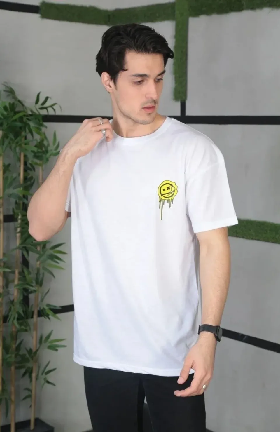 Unisex Bisiklet Yaka Baskılı Oversize T-Shirt - Beyaz