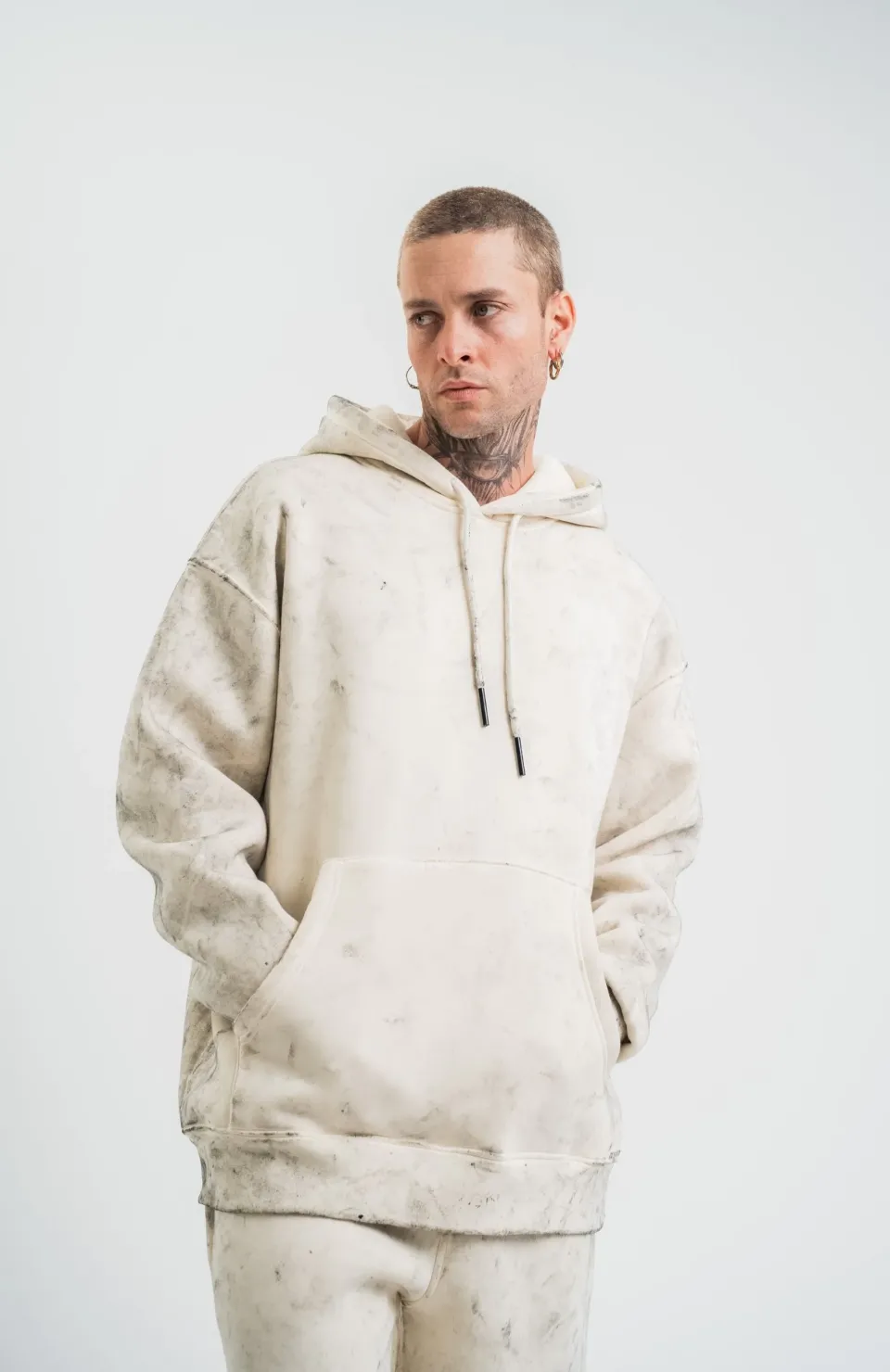 Unisex Double Oversize Kapşonlu Yıkamalı SweatShirt - Krem