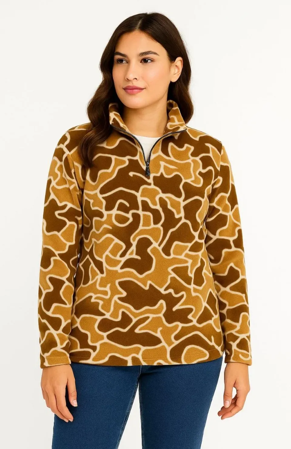 KADIN Yarım Fermuarlı Desenli Polar Sweat Yakalı, Uzun Kollu, Oversize Rahat Kalıp - Kahverengi