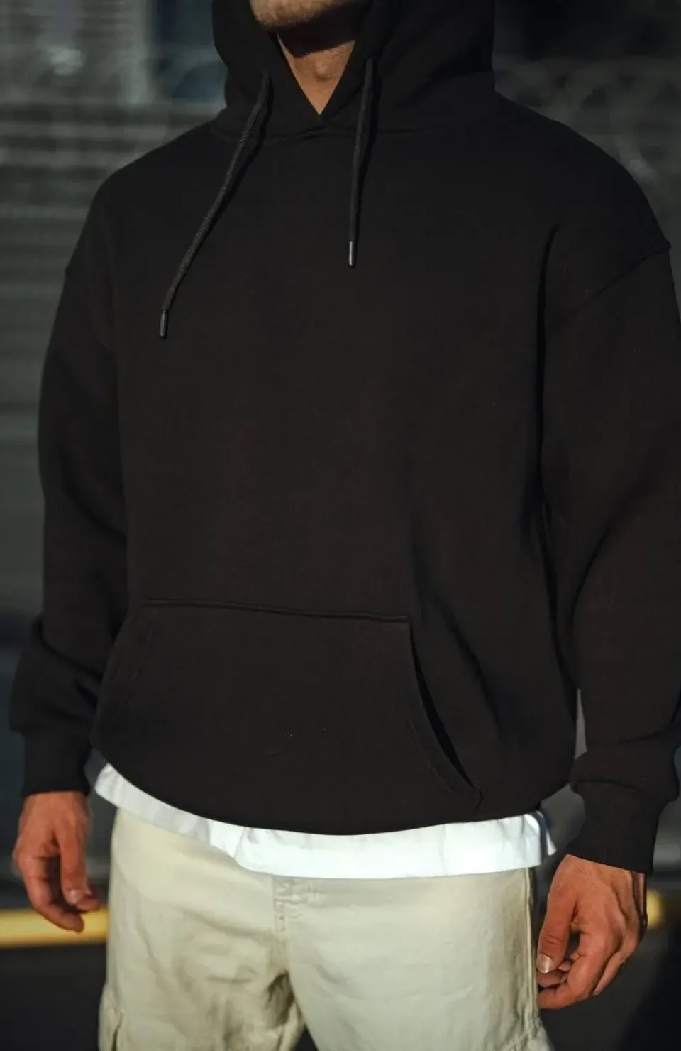 Üç İplik Penye Kapşonlu Basic SweatShirt - Siyah