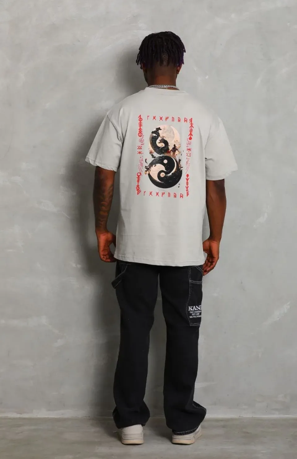 Unisex Oversize Baskılı Bisiklet Yaka T-Shirt - Gri